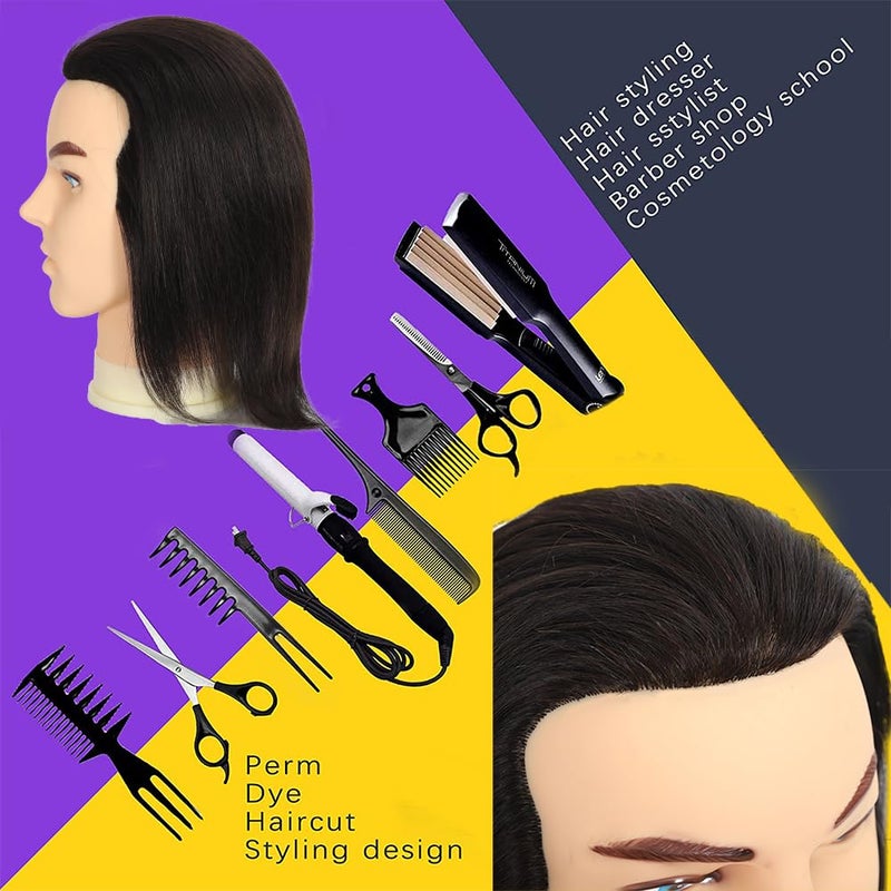 simnient Barber Male mannequin Head Human Hair 12'',training Manikin Head Doll Head for Hairdresser Cutting & Styling, Cosmetology Training Doll Head with Clamp Stand - Image 3